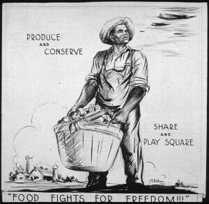 In a black-and-white drawing, an African American farmer holds a basket of food while warplanes fly overhead.