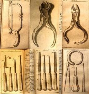 Six different drawings show old surgical tools.