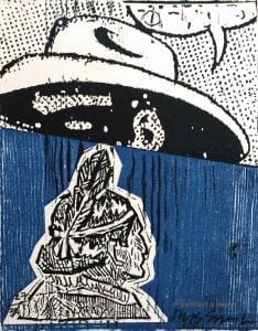 A woodcut print is divided in two. At top, a Lone Ranger-like figure has a speech bubble with symbols on a dotted white background. At bottom is a Native American on a blue backdrop.