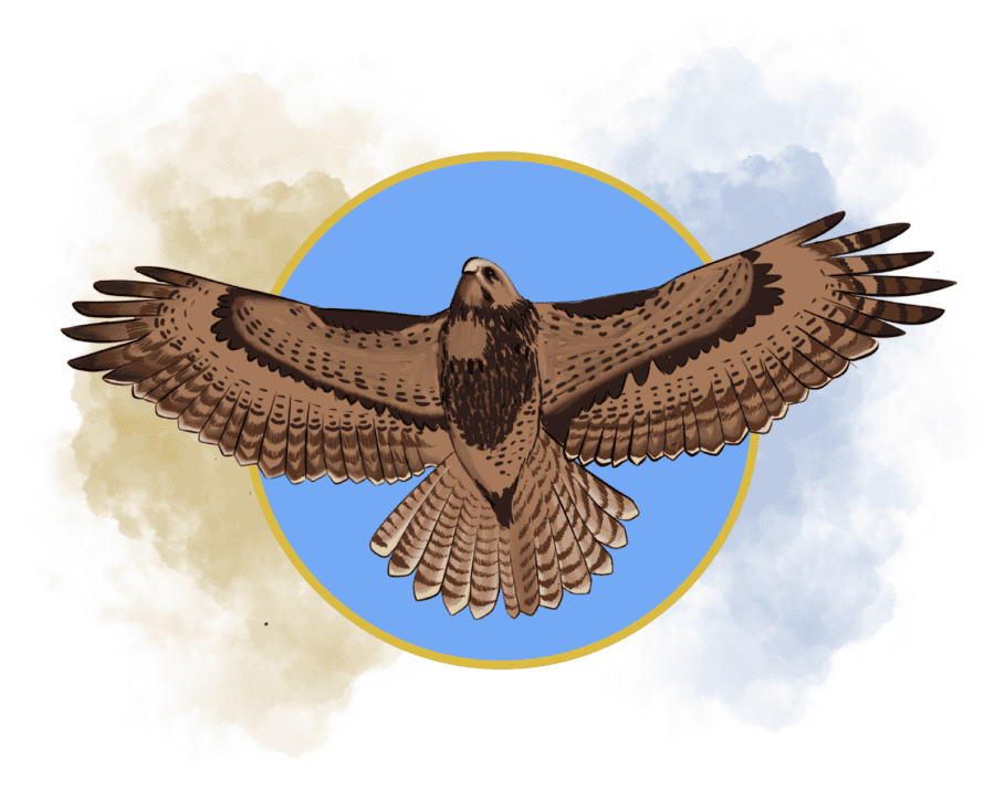 An illustration of a brown bird of prey with its wings spread. Behind the bird is a blue circle, the color of the sky, with a gold rim.